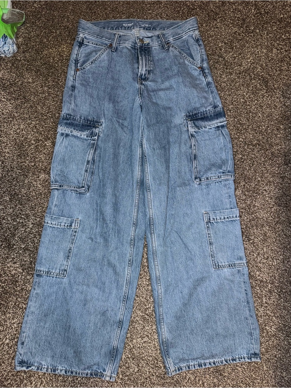 Women’s Light Blue Cargo Denim Jeans - Casual Wide Leg